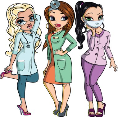 Sevimli sarışın, esmer, kahverengi saçlı kız doktor 