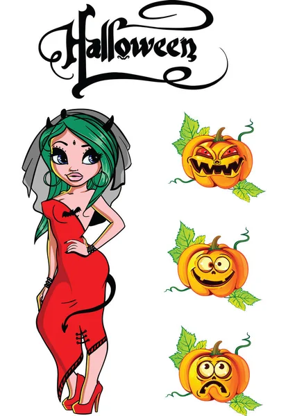 Halloween Devil Mujer con calabazas con diferentes caras — Vector de stock