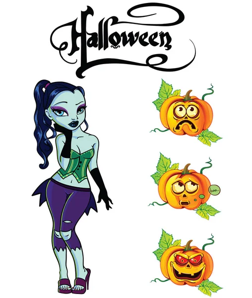 Costume de zombie halloween avec différentes émotions sur les citrouilles — Image vectorielle