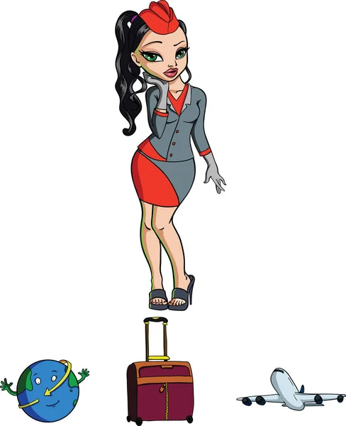 Hôtesse de l'air, Globe, bagages, avion — Image vectorielle