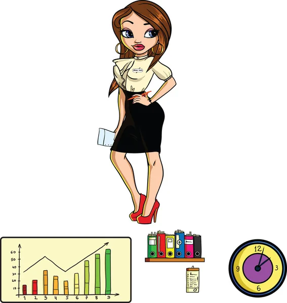 La chica en la oficina, reloj, gráfico, carpeta en el estante — Vector de stock