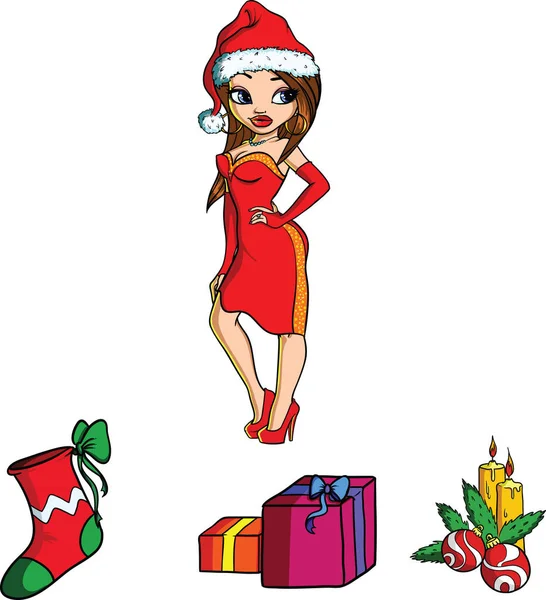 Sexy meisje in Santa kostuum met kaarsen, huidige dozen en Kerstmis Sok — Stockvector
