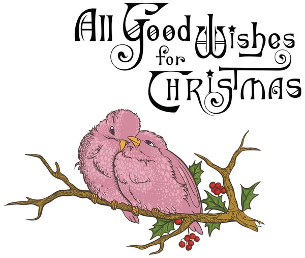鳥とレタリング、グリーティング カード クリスマス — ストックベクタ