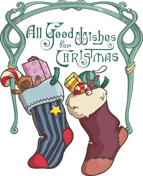 Добрі побажання до Різдва. Ретро шкарпетки з подарунками всередині. Різдвяні привітання — стоковий вектор