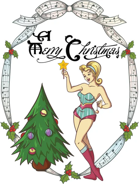 レタリングと女の子のグリーティング カードは、クリスマス ツリーを飾る。白い背景の上 — ストックベクタ