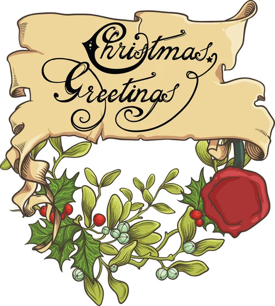 ビンテージ スタイルのリボンでクリスマスの挨拶。内装のヤドリギとホリーのベリー — ストックベクタ