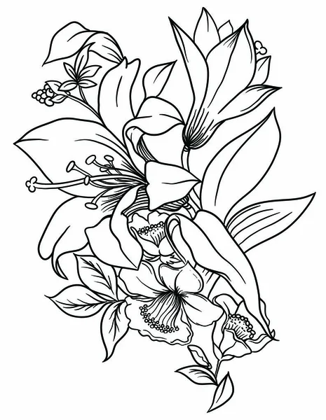 Um buquê de flores decoradas com folhas e grama. Tinta de desenho em estilo linear. Ilustração vetorial isolada sobre fundo branco. Uma bela decoração em cores preto e branco . —  Vetores de Stock