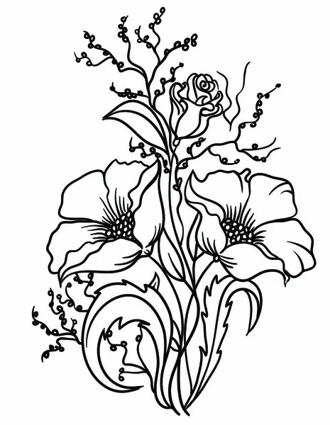 Ein Blumenstrauß, der mit Blättern und Gras geschmückt ist. Tusche in einem linearen Stil. Vektor-Illustration isoliert auf weißem Hintergrund. eine schöne Dekoration in schwarz-weißen Farben. — Stockvektor