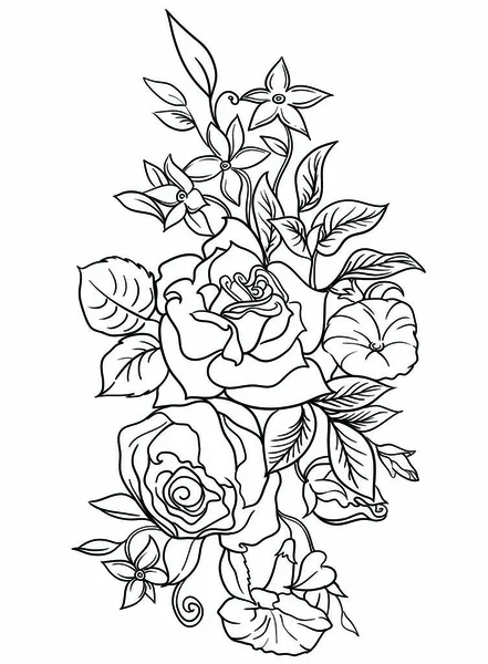 En bukett rosor dekorerade med fältet blommor och grenar. Ritning bläck i en linjär stil. Vektorillustration isolerade på vit bakgrund. En vacker dekoration i svarta och vita färger. — Stock vektor