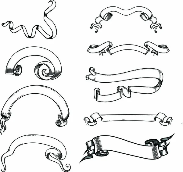 Collection of old ribbons. Retro scrolls in vector. Hand-drawn in vector in linear style — Stock Vector