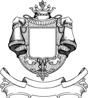 Royal, rich, luxurious wooden coat of arms with a crown and grapes. Empty inside, template for design. Made in a vector, is separated from a white background, hand-made in a linear style clipart
