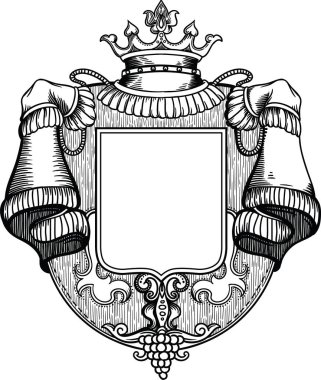 Royal, rich, luxurious wooden coat of arms with a crown and grapes. Empty inside, template for design. Made in a vector, is separated from a white background, hand-made in a linear style clipart