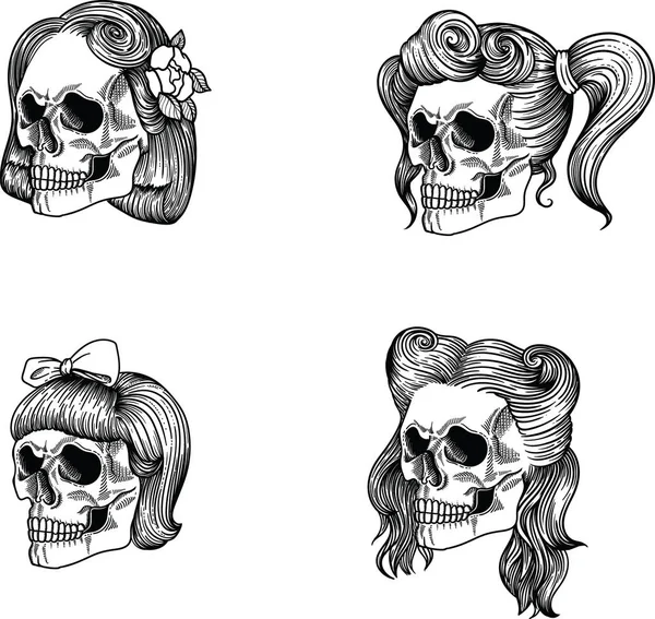 Stylish Female skull girl and lady, Female skull maiden, Female skull lass, Female skull adolescent, Female skull woman, Female skull wife, Female skull old woman ,Female skull  dame. Separate on a white background, hand drawn in vector. Line style — Stock Vector