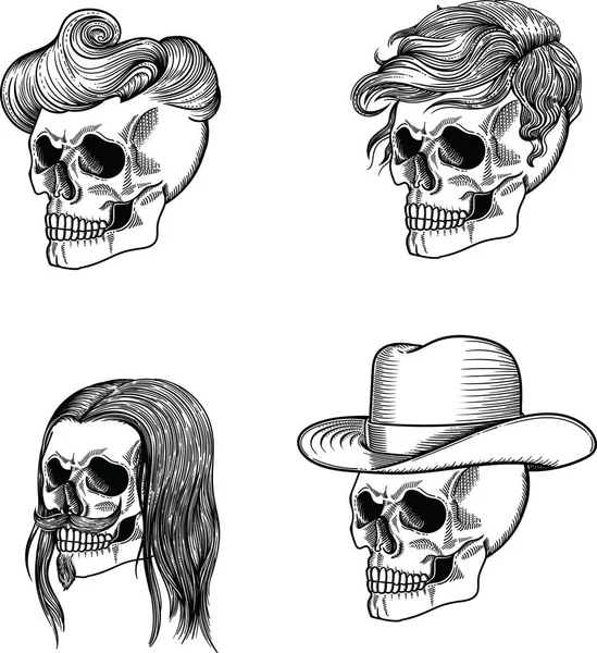 Male skull of a young man .  The male skull of Dracula. The man's skull is the lord  and overlord. The male skull of gentleman. Male skull in a cowboy hat . The male skull is a vegetarian. Male hipster skull. — Stock Vector