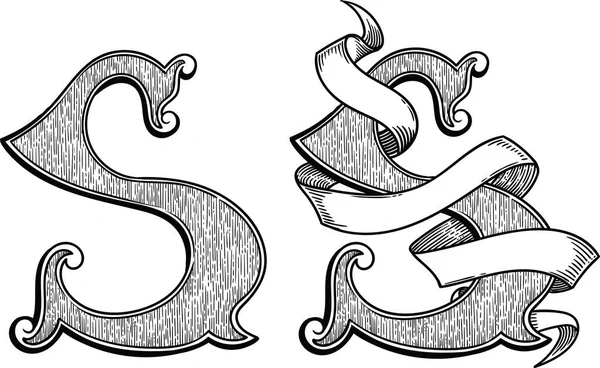 Lettre S avec rubans dans le vecteur, isolé sur fond blanc. Il est dessiné à la main dans un style linéaire. Belle lettre initiale à motifs avec rubans vides . — Image vectorielle