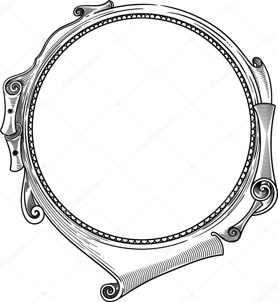 Round antique frame, empty inside. Old beautiful frame separate from white background in vector style