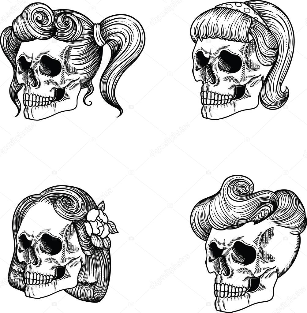 Stylish Female skull girl and lady, Female skull maiden, Female skull lass, Female skull adolescent, Female skull woman, Female skull wife, Female skull old woman ,Female skull  dame. Separate on a white background, hand drawn in vector. Line style