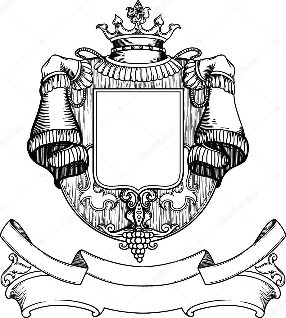 Royal, rich, luxurious wooden coat of arms with a crown and grapes. Empty inside, template for design. Made in a vector, is separated from a white background, hand-made in a linear style
