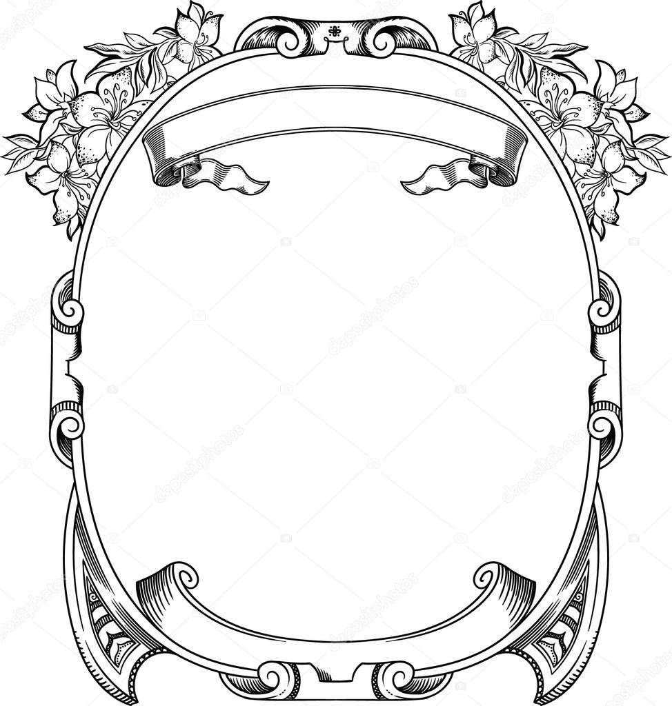 Beautiful vintage frame with decorative elements for your design. Empty inside, template for design. Made in a vector, is separated from a white background, hand-made in a linear style