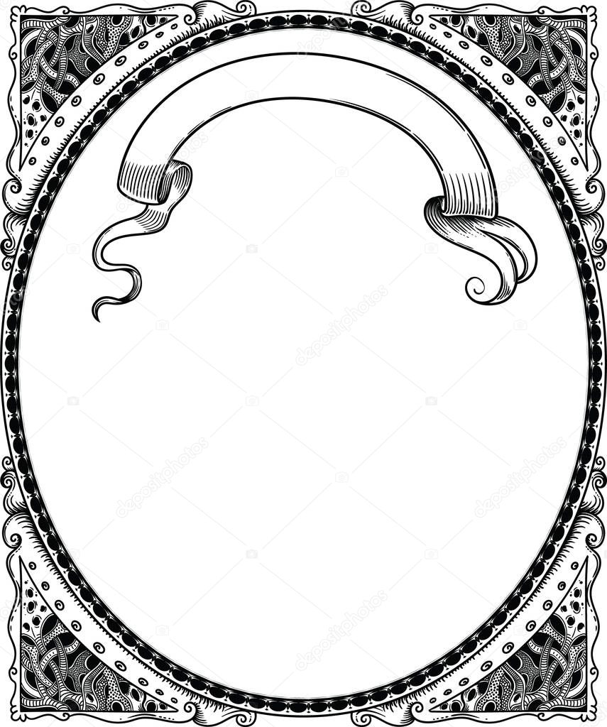 Beautiful vintage frame with decorative elements for your design. Empty inside, template for design. Made in a vector, is separated from a white background, hand-made in a linear style