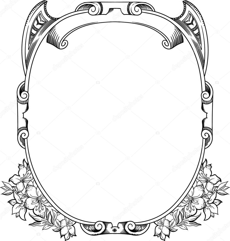 Beautiful vintage frame with decorative elements  and amazing flowers for your design. Empty inside, template for design. Made in a vector, is separated from a white background, hand-made in a linear style