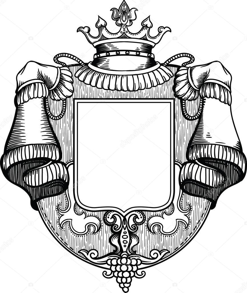 Royal, rich, luxurious wooden coat of arms with a crown and grapes. Empty inside, template for design. Made in a vector, is separated from a white background, hand-made in a linear style