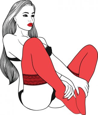 PIN seksi kız siyah erotik iç çamaşırı doğrusal bir tarzda çizilmiş. Beyaz arka plan üzerinde vektör illüstrasyon izole.