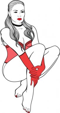 PIN seksi kız siyah erotik iç çamaşırı doğrusal bir tarzda çizilmiş. Beyaz arka plan üzerinde vektör illüstrasyon izole.