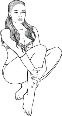 PIN seksi kız siyah erotik iç çamaşırı doğrusal bir tarzda çizilmiş. Beyaz arka plan üzerinde vektör illüstrasyon izole.