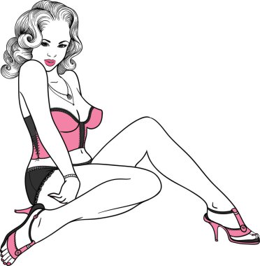 PIN seksi kız siyah erotik iç çamaşırı doğrusal bir tarzda çizilmiş. Beyaz arka plan üzerinde vektör illüstrasyon izole.