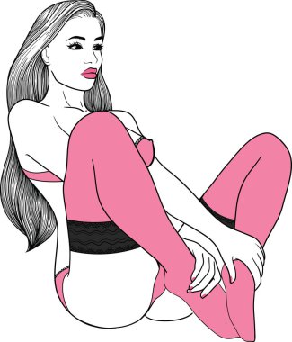 PIN seksi kız siyah erotik iç çamaşırı doğrusal bir tarzda çizilmiş. Beyaz arka plan üzerinde vektör illüstrasyon izole.