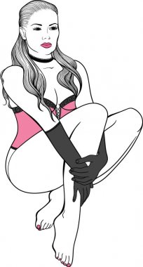 PIN seksi kız siyah erotik iç çamaşırı doğrusal bir tarzda çizilmiş. Beyaz arka plan üzerinde vektör illüstrasyon izole.