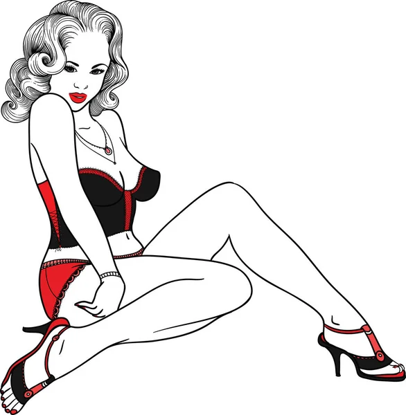 Pino desenhado à mão para cima menina sexy em um estilo linear em roupa interior erótica preta. Ilustração vetorial é isolada em fundo branco . — Vetor de Stock