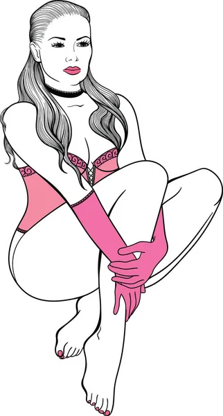 Kézzel rajzolt pin-up egy lineáris stílusú fekete Erotikus fehérnemű szexi lány. Vektoros illusztráció az elszigetelt fehér background. — Stock Vector