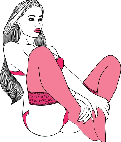 Hand-drawn pin up sexy girl in a linear style in black erotic underwear. Vector illustration is isolated on white background. — Stock Vector