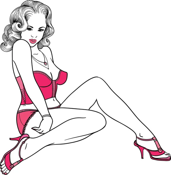 Dibujado a mano pin up chica sexy en un estilo lineal en ropa interior erótica negro. La ilustración vectorial está aislada sobre fondo blanco . — Vector de stock