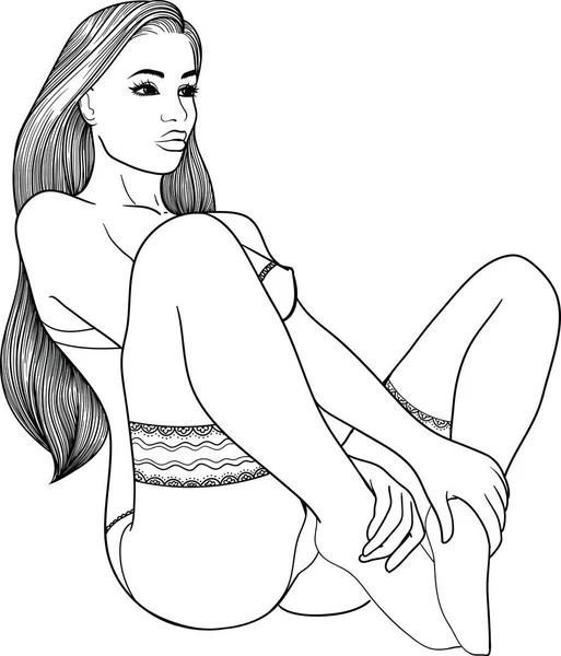 Dibujado a mano pin up chica sexy en un estilo lineal en ropa interior erótica negro. La ilustración vectorial está aislada sobre fondo blanco . — Vector de stock