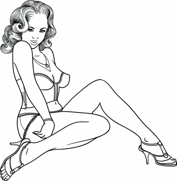 Fille sexy pin-up dessinée à la main dans un style linéaire en sous-vêtements érotiques noirs. L'illustration vectorielle est isolée sur fond blanc . — Image vectorielle