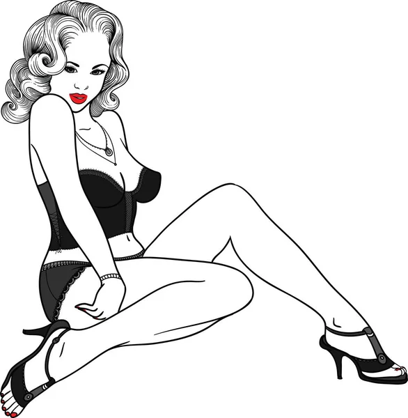 Fille sexy pin-up dessinée à la main dans un style linéaire en sous-vêtements érotiques noirs. L'illustration vectorielle est isolée sur fond blanc . — Image vectorielle