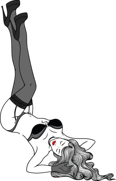 Ručně kreslené pin up sexy dívka v lineární stylu v černé erotické spodní prádlo. Vektorové ilustrace izolované na bílém pozadí. — Stockový vektor