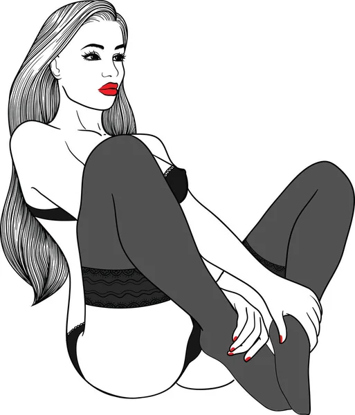 Dibujado a mano pin up chica sexy en un estilo lineal en ropa interior erótica negro. La ilustración vectorial está aislada sobre fondo blanco . — Vector de stock