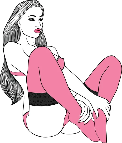Мальована вручну сексуальна дівчина в лінійному стилі в чорній еротичній білизні. Векторна ілюстрація ізольована на білому тлі . — стоковий вектор