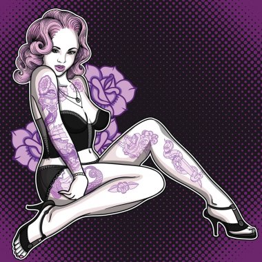 Tam olarak eski okul tarzı seksi kız uzun saçlı, dövmeli. Vektör renk resimde ayrıntılı. Retro tarzı vücutta üzerinde klasik vintage dövme mürekkebi. 
