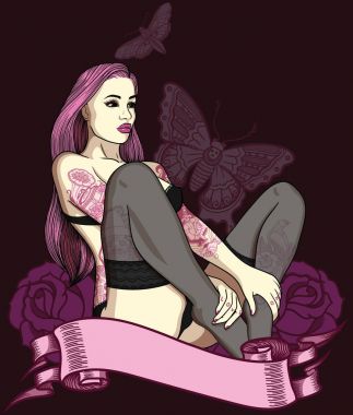 Tam olarak eski okul tarzı seksi kız uzun saçlı, dövmeli. Vektör renk resimde ayrıntılı. Retro tarzı vücutta üzerinde klasik vintage dövme mürekkebi. 