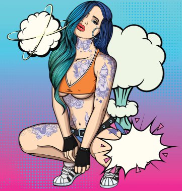 Tam olarak eski okul tarzı seksi kız uzun saçlı, dövmeli. Vektör renk resimde ayrıntılı. Retro tarzı vücutta üzerinde klasik vintage dövme mürekkebi. 