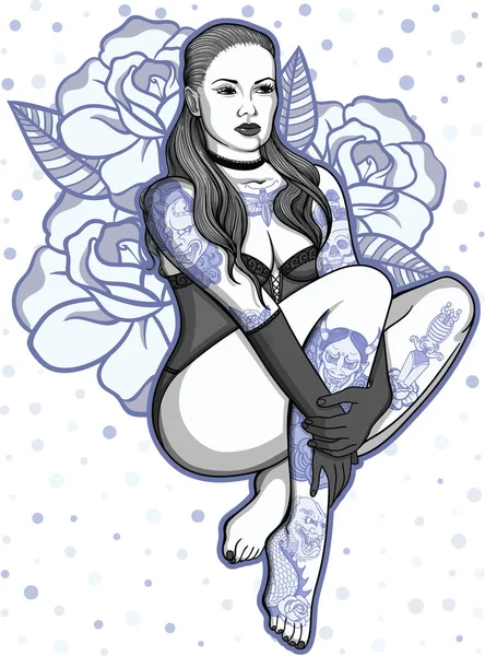 Πλήρως τατουάζ στο παλιό σχολείο στυλ σέξι κορίτσι με μακριά μαλλιά. Χρώμα διάνυσμα λεπτομερής εικονογράφηση. Κλασικό ρετρό τατουάζ μελάνι στο σώμα σε στυλ ρετρό. — Διανυσματικό Αρχείο