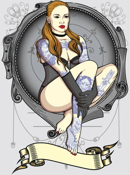 Totalmente tatuado no estilo old school menina sexy com cabelos longos .Vector cor ilustração detalhada. Tatuagens vintage clássico tinta no corpo em estilo retro . —  Vetores de Stock