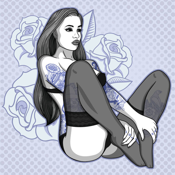 Fully tattooed in old school style sexy girl with long hair .Vector color detailed illustration. Classic vintage tattoos ink on body in retro style. 