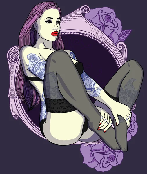 Fully tattooed in old school style sexy girl with long hair .Vector color detailed illustration. Classic vintage tattoos ink on body in retro style. — Stock Vector