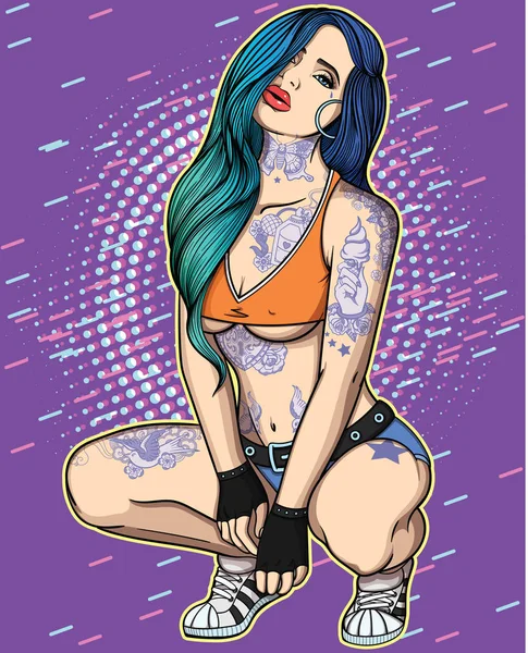 Entièrement tatoué dans le style old school fille sexy avec des cheveux longs. Illustration détaillée de couleur vectorielle. Tatouages vintage classiques encre sur le corps dans un style rétro . — Image vectorielle